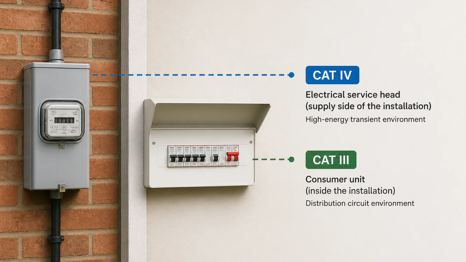 Diagram contrasting CAT III distribution board testing with CAT IV supply-origin locations for voltage testers