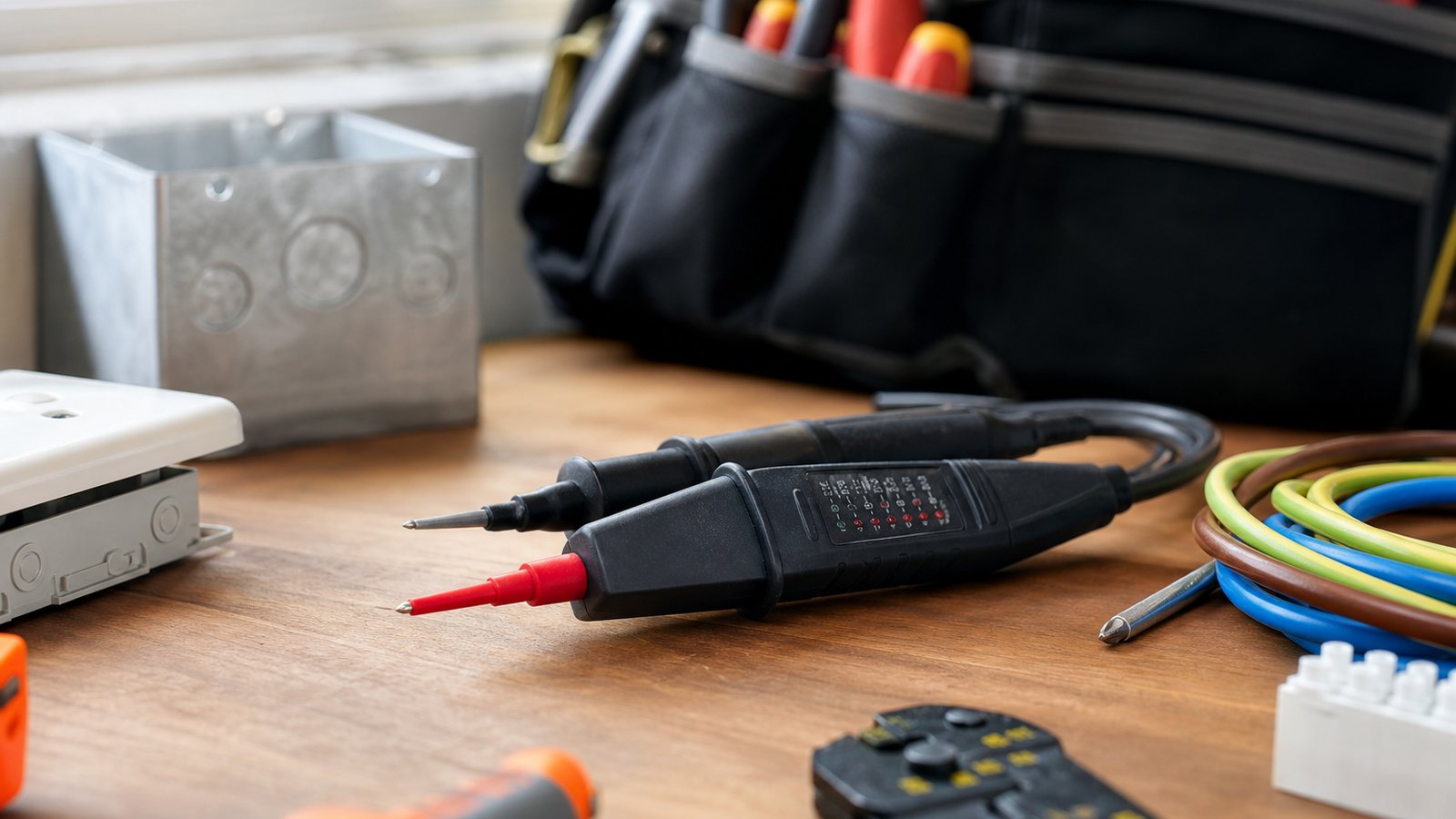 two-pole voltage tester in a clean UK lifestyle scene