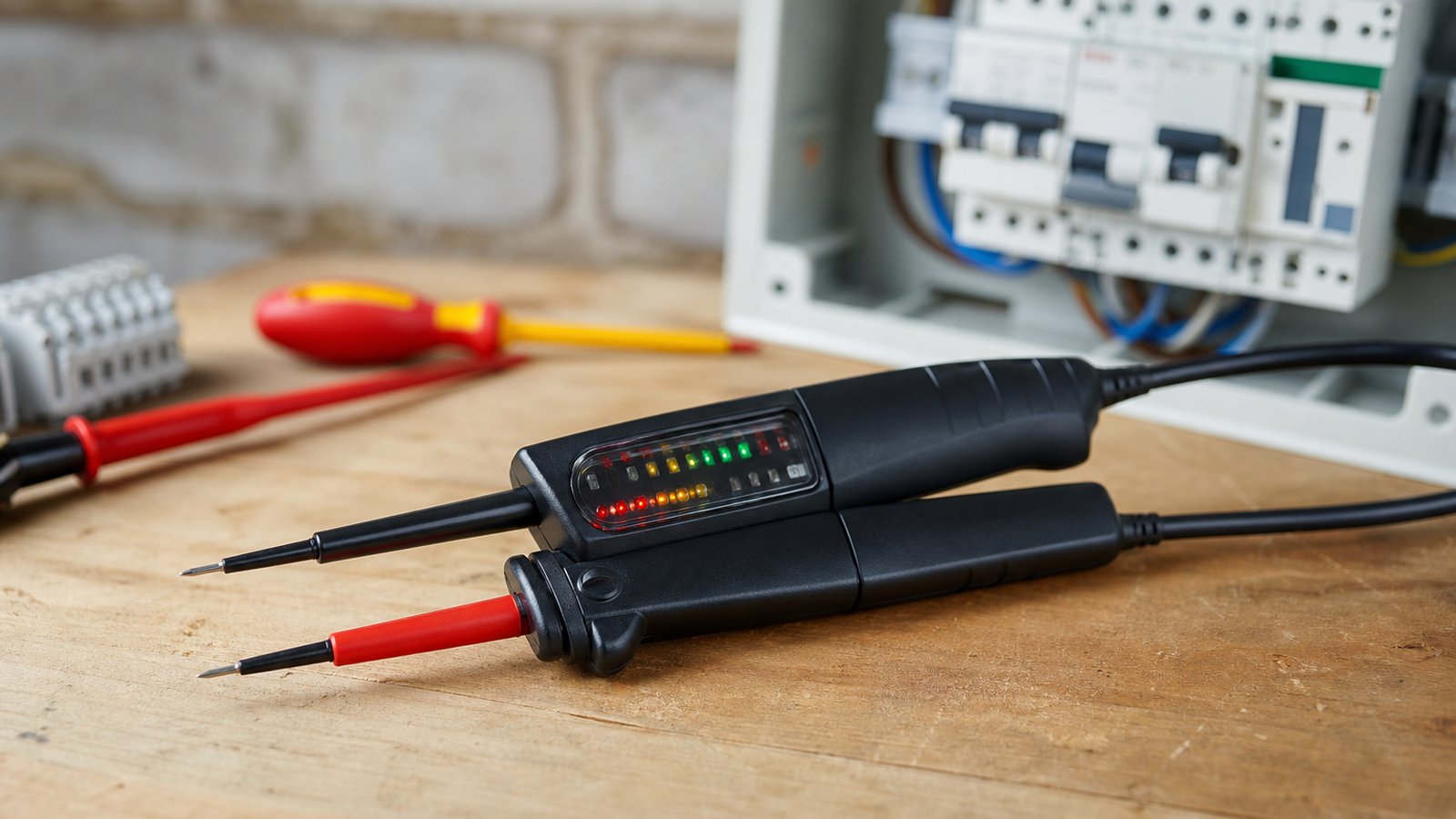 two-pole voltage tester in a clean UK lifestyle scene