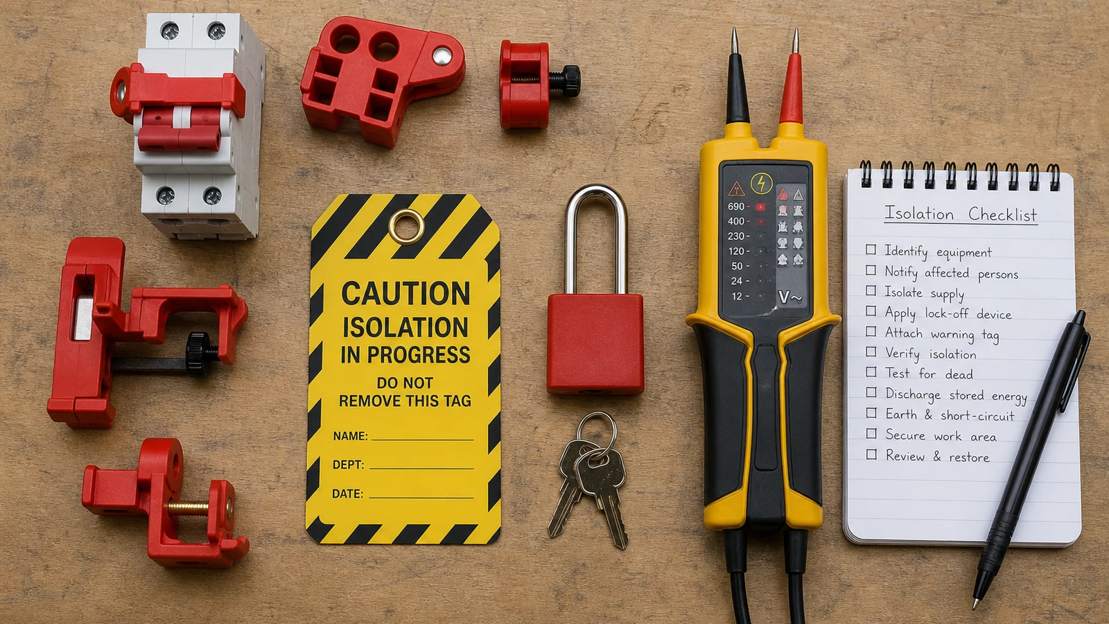 Safe isolation kit flat lay with lock-off devices, caution notice and two-pole voltage tester