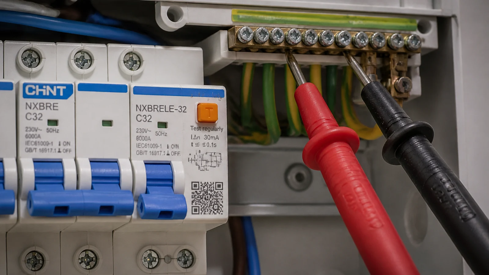 Electrician probing near an RCBO while investigating voltage-tester RCD trips