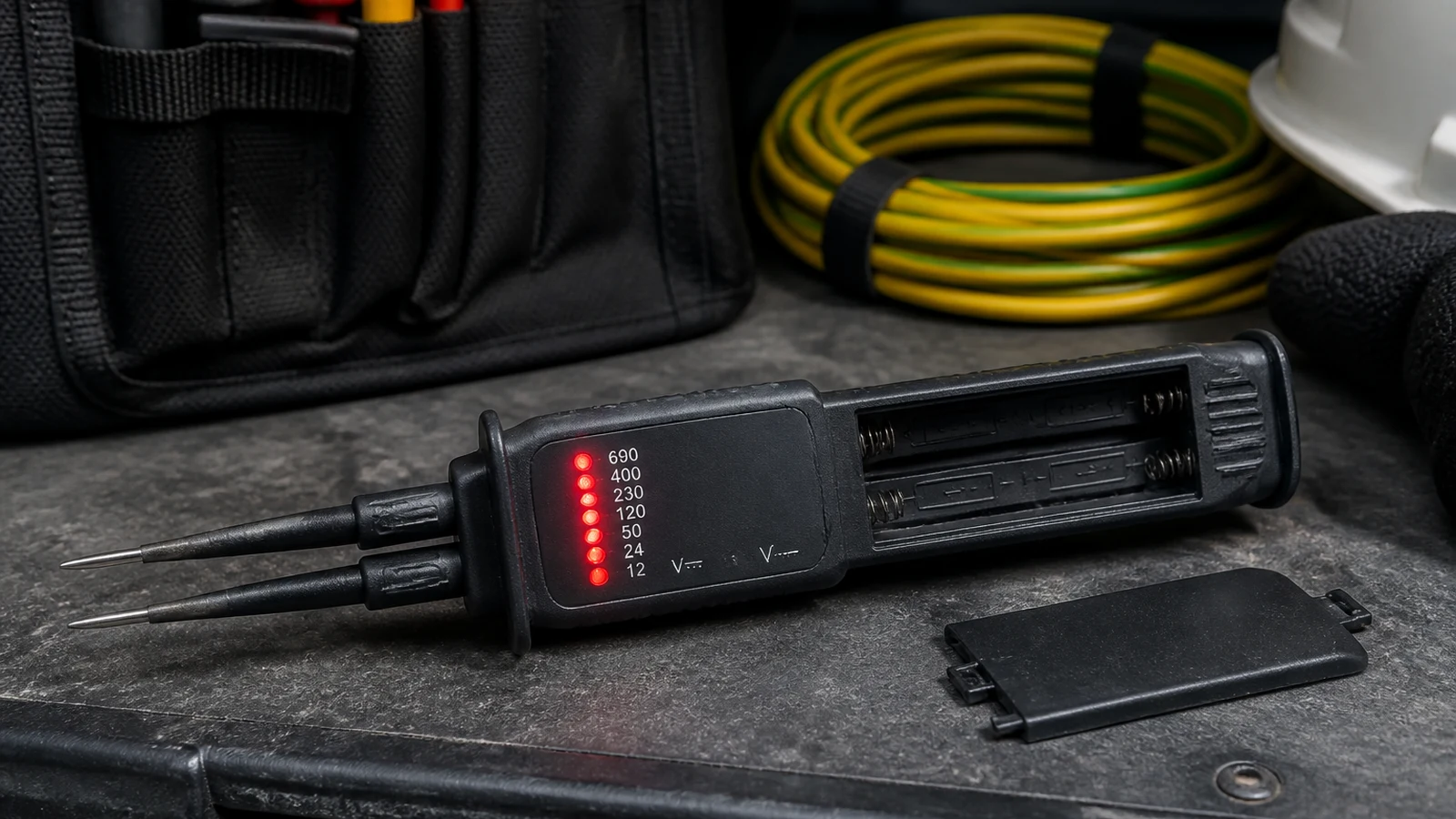 Two-pole voltage tester indicating voltage beside removed batteries to illustrate battery-independent indication